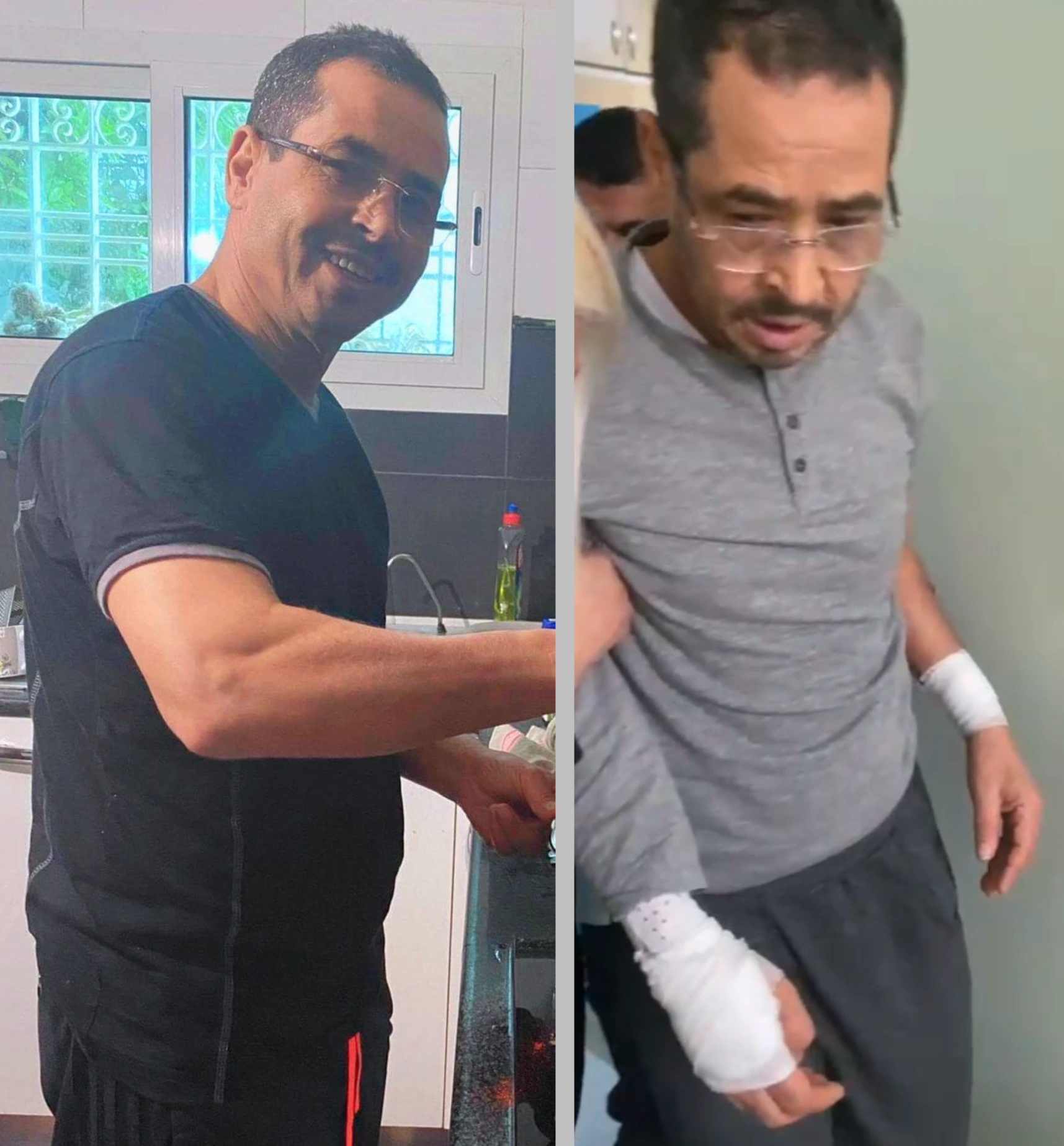 Comparaison de Bechir Akremi avant et après sa détention, illustrant les allégations de mauvais traitements et les inquiétudes sur les droits des magistrats sous le pouvoir de Kais Saied en Tunisie.