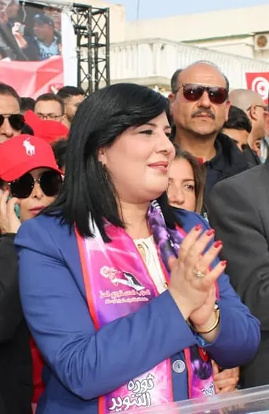 Abir Moussi, présidente du Parti destourien libre, lors d’une manifestation de son parti en avril 2022