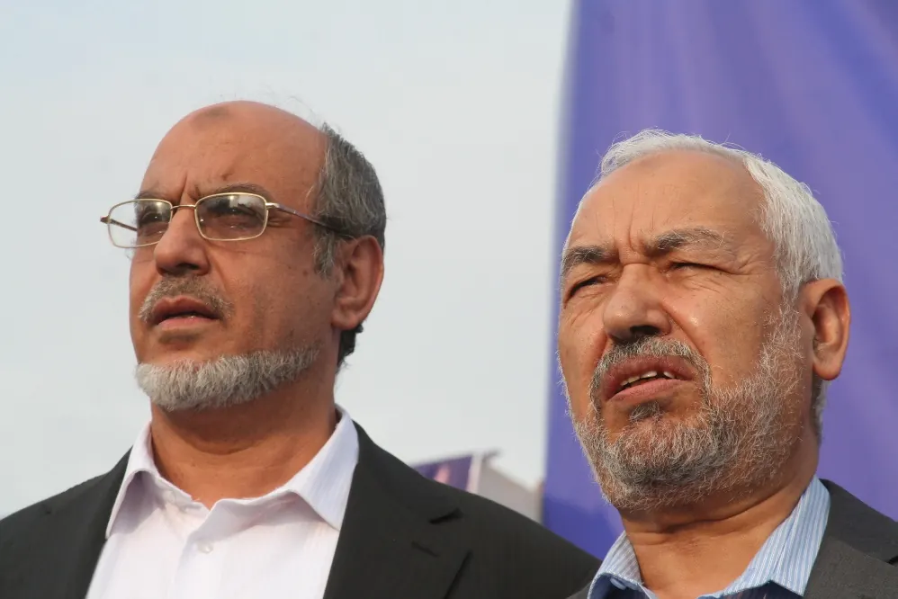 Rached Ghannouchi et Hamadi Jebali, président et secrétaire général d’Ennahdha, en octobre 2011 ; Hamadi Jebali devient chef du gouvernement en décembre 2011